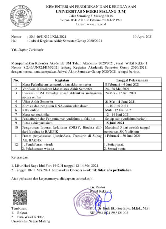 Jadwal Kegiatan Akhir Semester Genap 2020/2021
