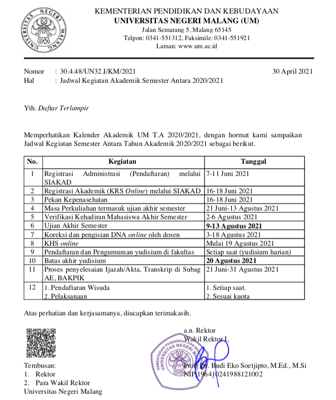 Jadwal Kegiatan Akademik Semester Antara 2020/2021